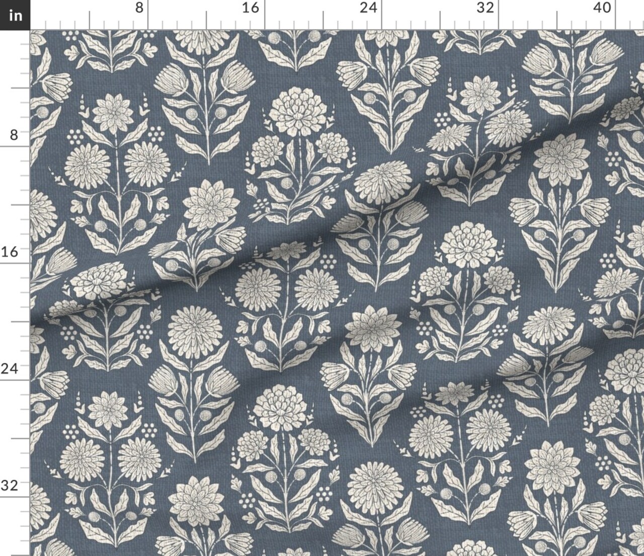 Blue Floral Retro Bohemian Botanical Rustic Farmhouse Cottagecore Hand-Carved Flower Custom Printed Fabric by Spoonflower Various Fabrics by the Yard or Fat Quarter